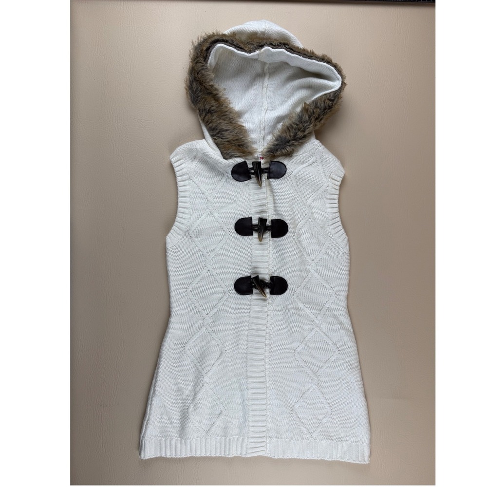 Boho‎ Cable Knit Hooded Vest Faux Fur Toggle Cream Medium Bongo